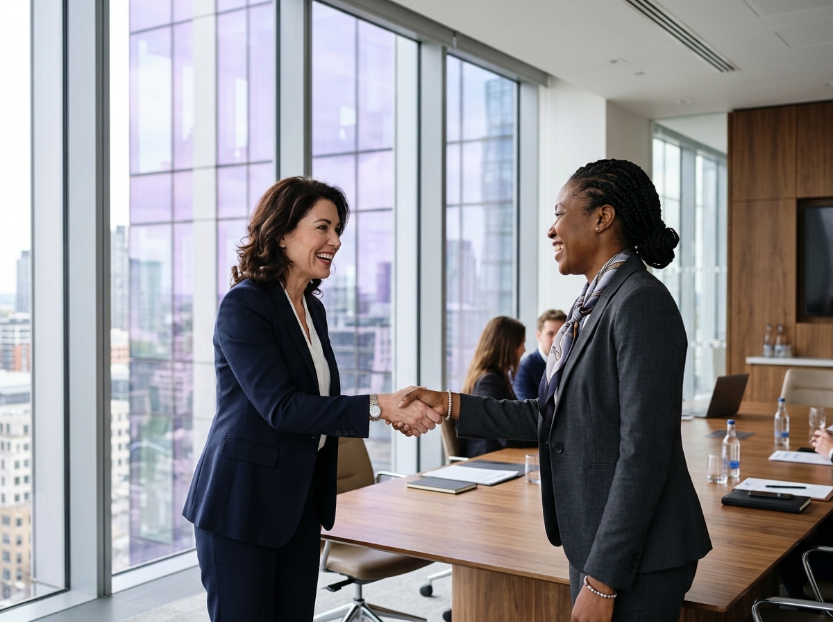 Business partners shaking hands in a modern corporate meeting hall